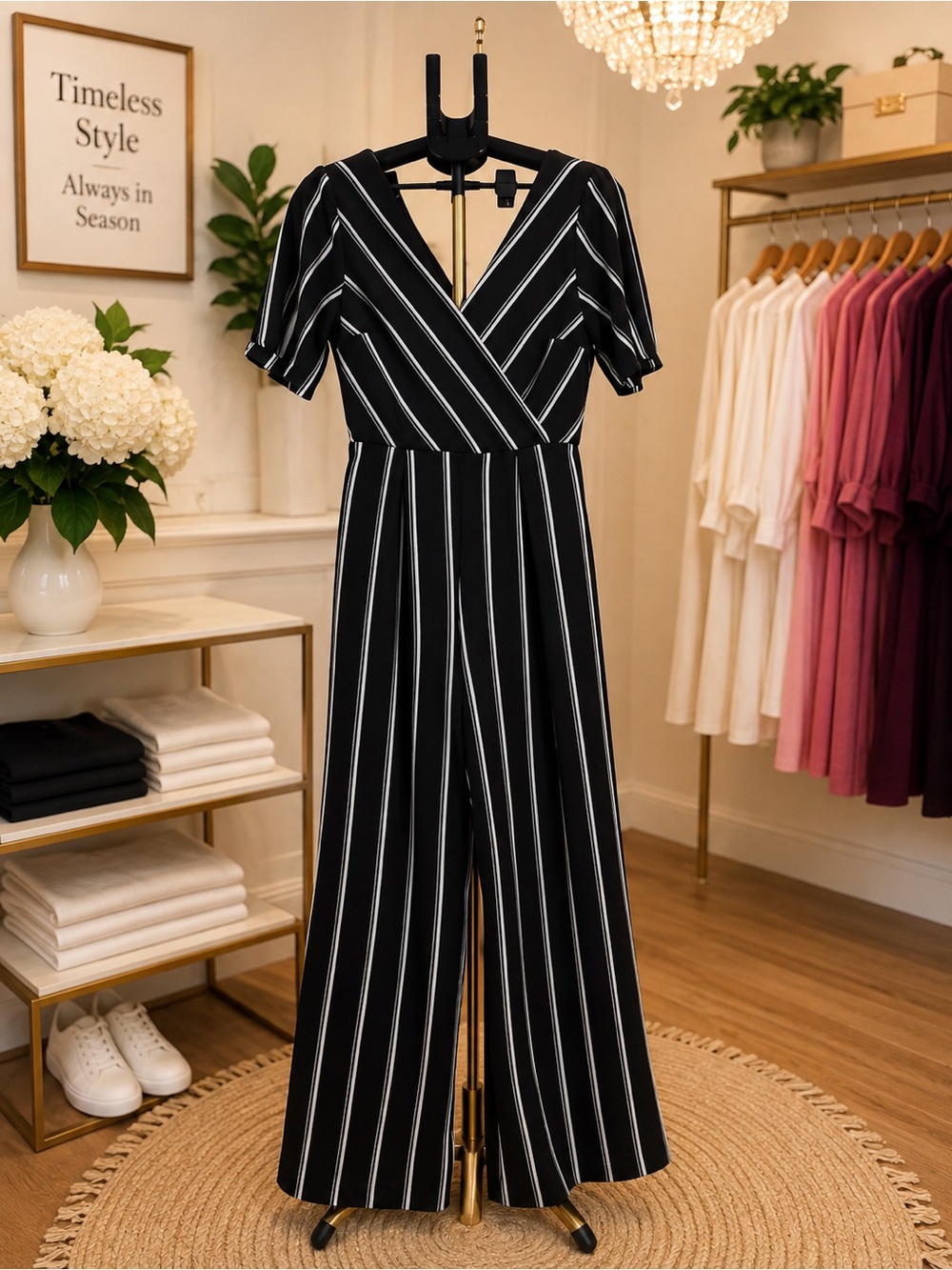 TRIXXI Black & White Striped Wide Leg Jumpsuit Size M Wrap V-Neck Tie Back